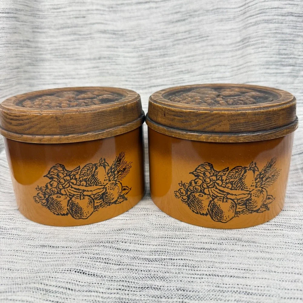 Vintage Cheinco Brown Metal Canisters Fruit Motif Set of 2 Plastic Lids 70s